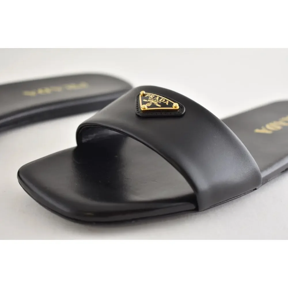 Prada Ciabatte Black Leather Gold Triangle Logo Slide Mule Flat Sandal 36